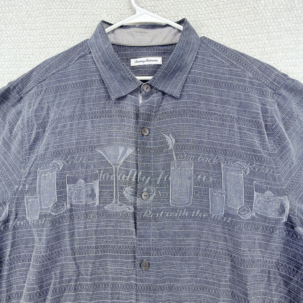Tommy Bahama Shirt Mens 2XL‎ Charcoal 100% Silk Line Em Up Cocktail Button Up